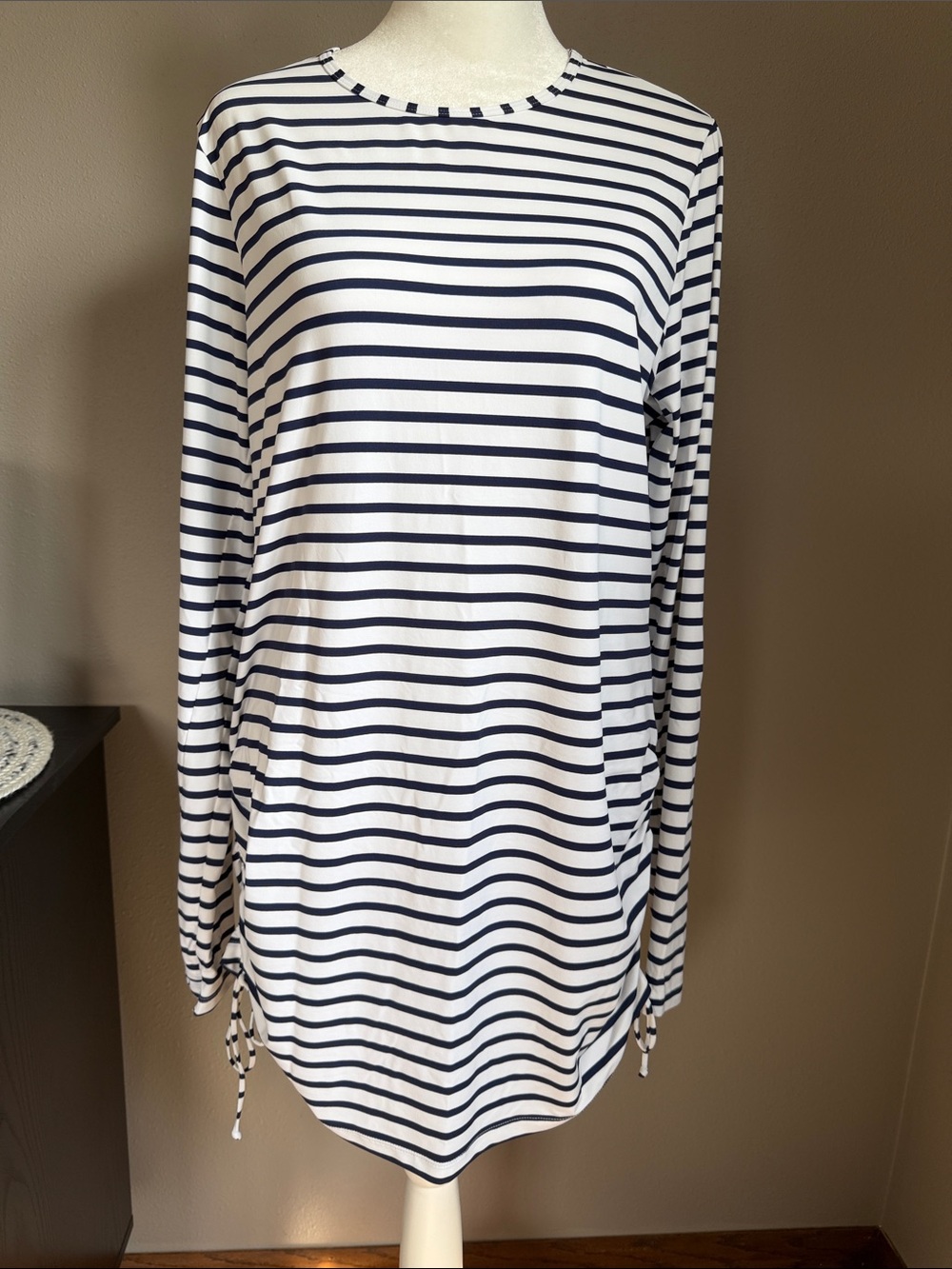 Lands’ End Navy & White Striped Swim Cover Up Tunic Ruched Sides Size M 10-12